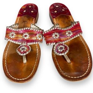 Jack Rogers Navajo Leather Whip Stitch Medallion Thong Red Sandal Women's Size 8